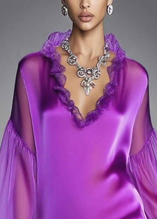 Italian Purple Ruffled Patchwork Chiffon Tea Dress Spring 2