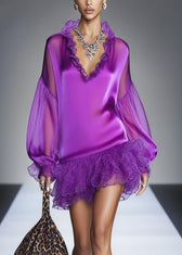 Italian Purple Ruffled Patchwork Chiffon Tea Dress Spring 5