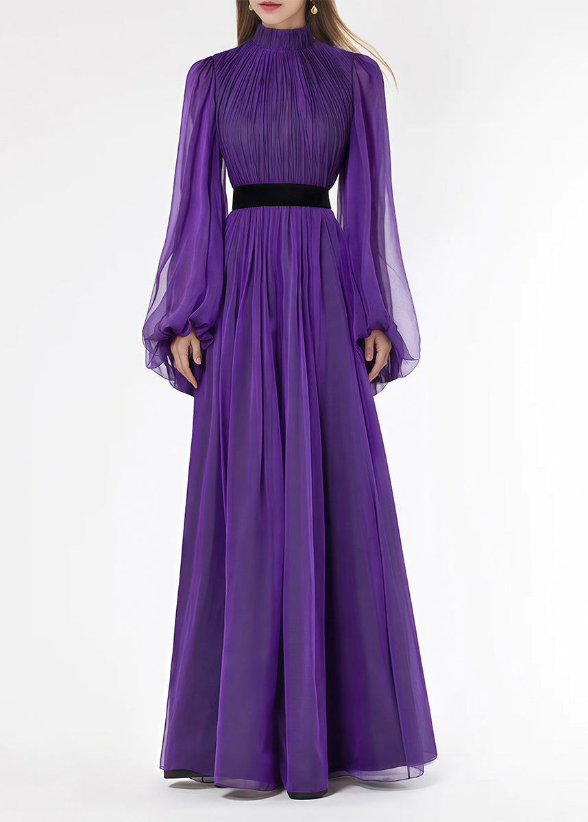 Pleated Mock Neck Balloon Sleeve Contrast Waist A-Line Maxi Dress