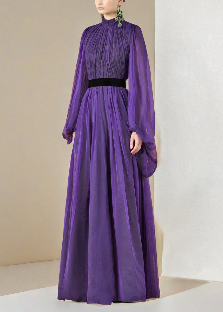Pleated Mock Neck Balloon Sleeve Contrast Waist A-Line Maxi Dress