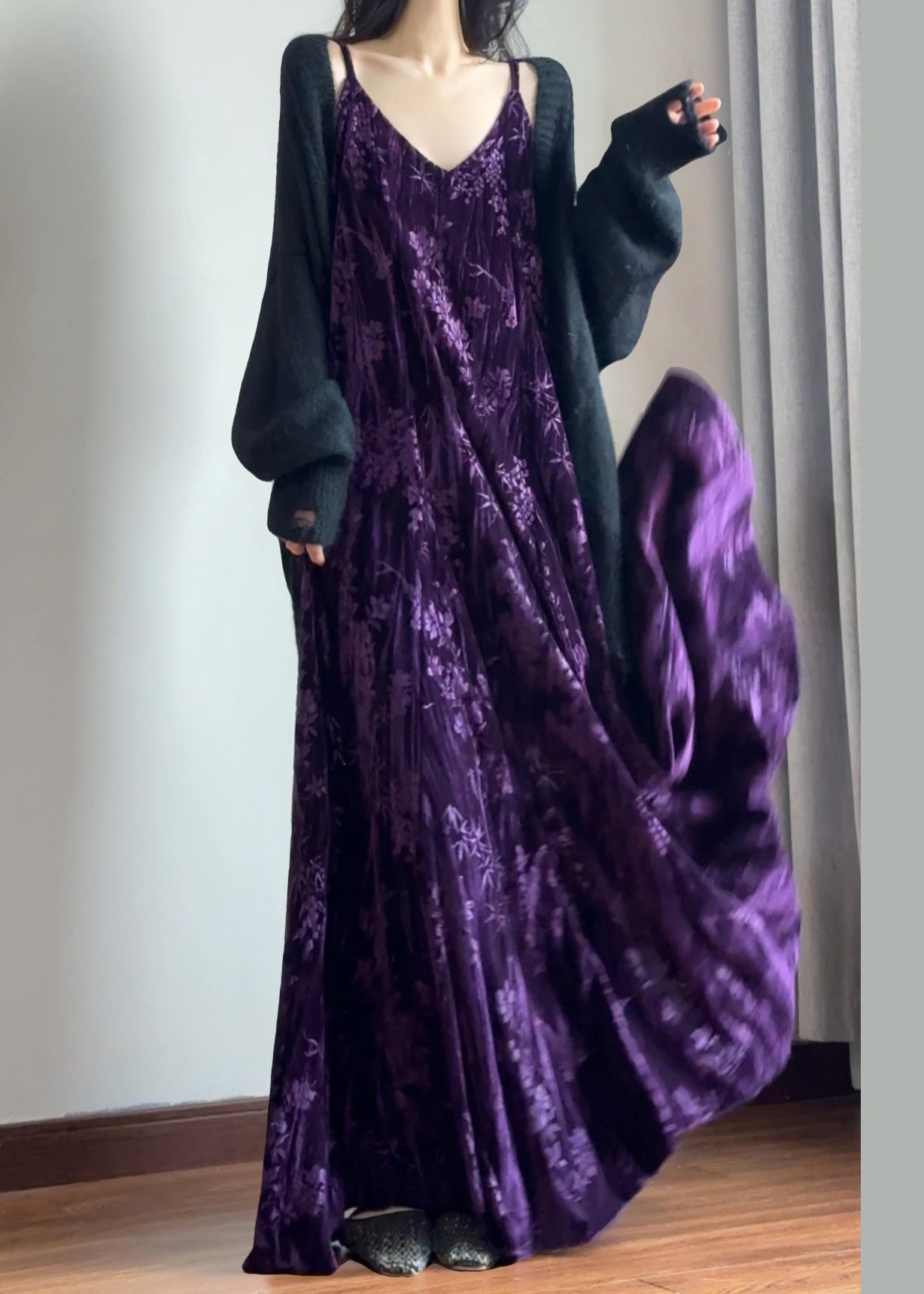 Velvet Burnout Floral Spaghetti Strap V-Neck A-Line Maxi Dress