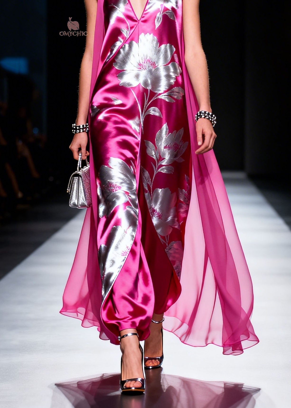 Metallic Floral Deep V-Neck Sleeveless Sheer Cape Wide Leg Jumpsuit