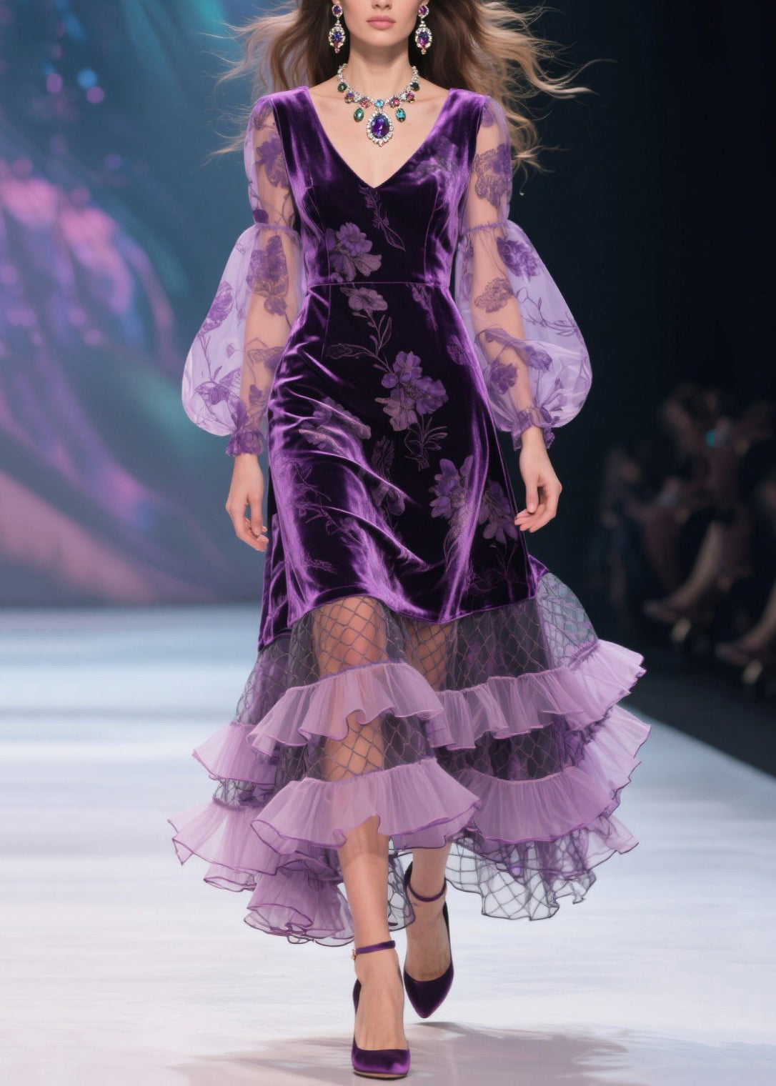 Italian Purple V Neck Print Tulle Ruffled Velvet Dress Fall 3