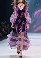 Italian Purple V Neck Print Tulle Ruffled Velvet Dress Fall 5