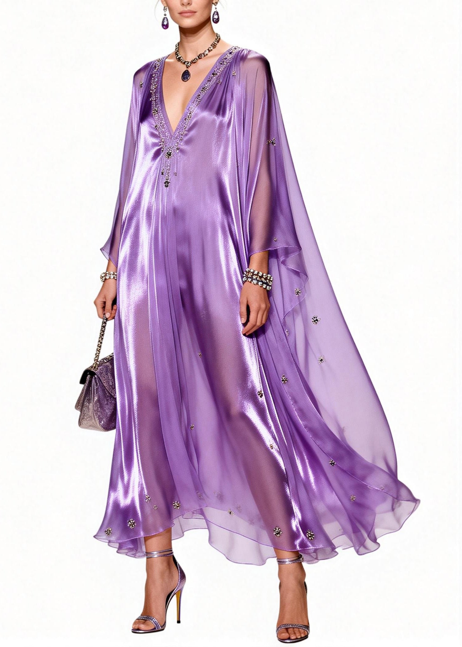 Sequin Floral Beaded Deep V-Neck Cape Sleeve Kaftan Maxi Gown