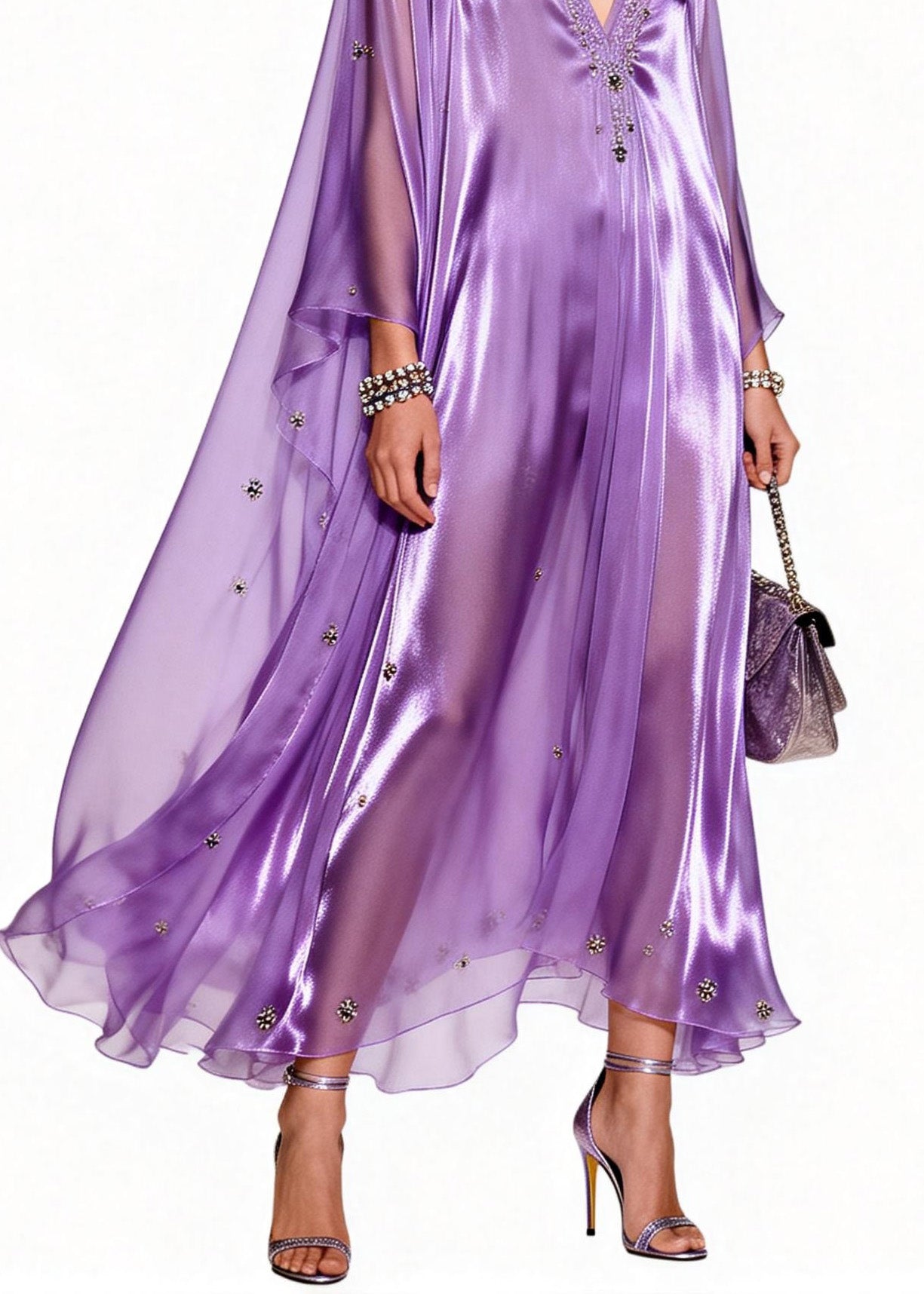 Sequin Floral Beaded Deep V-Neck Cape Sleeve Kaftan Maxi Gown