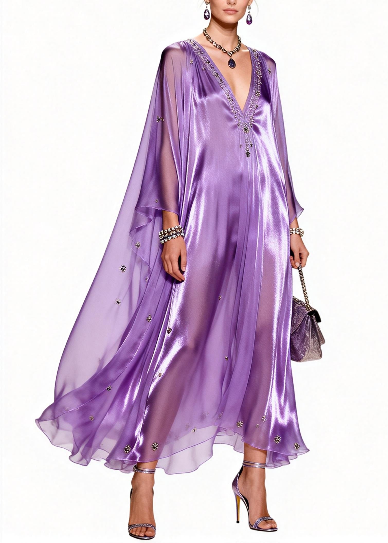 Sequin Floral Beaded Deep V-Neck Cape Sleeve Kaftan Maxi Gown