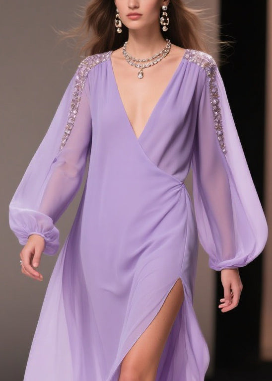 Chiffon Wrap Deep V-Neck Beaded Shoulder Bishop Sleeve High Split Maxi Gown