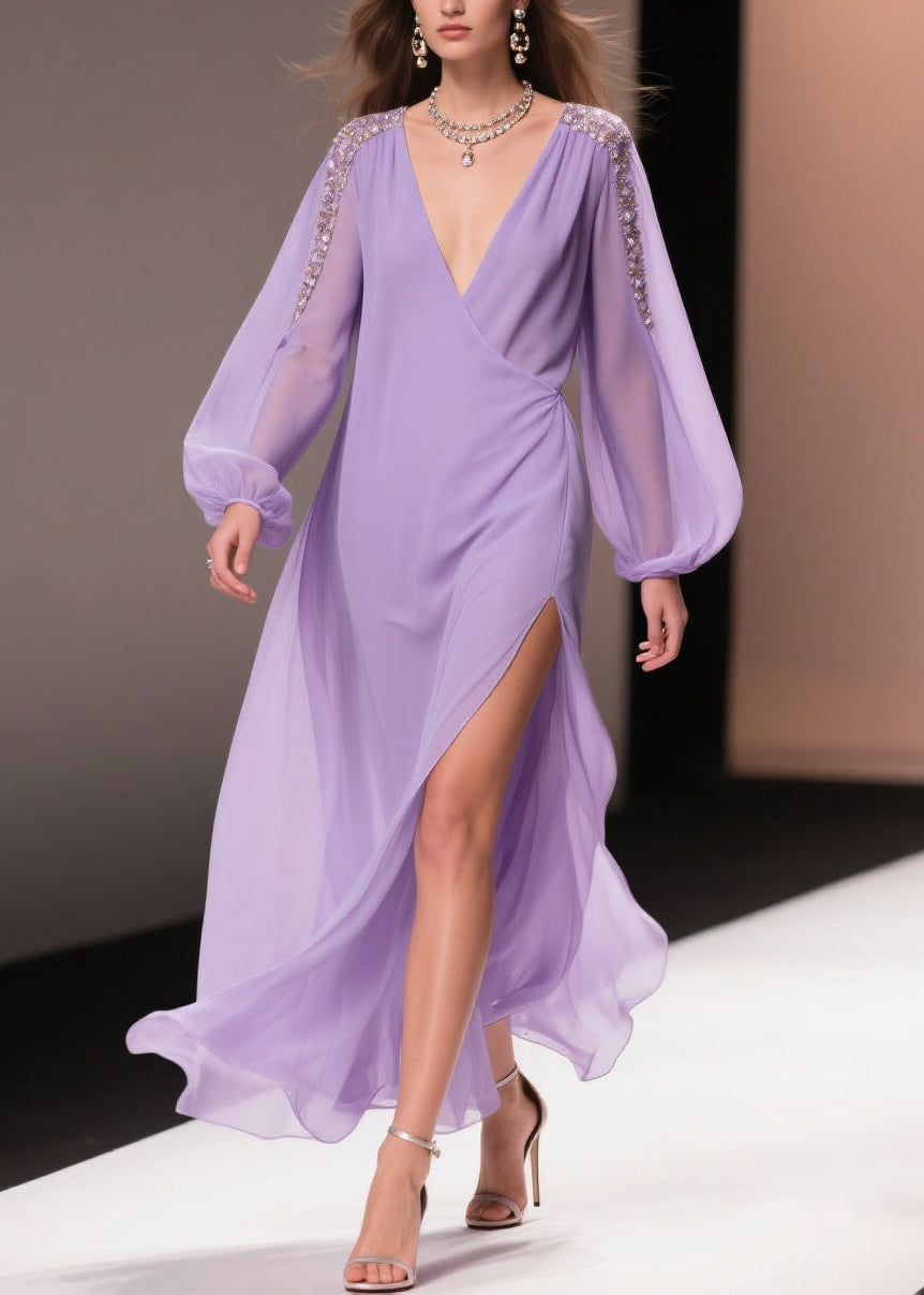 Chiffon Wrap Deep V-Neck Beaded Shoulder Bishop Sleeve High Split Maxi Gown