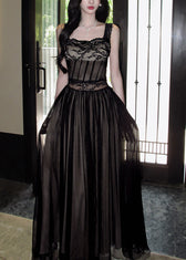 Italian Red Lace Patchwork Tie Waist Tulle Maxi Spaghetti Strap Dress Summer