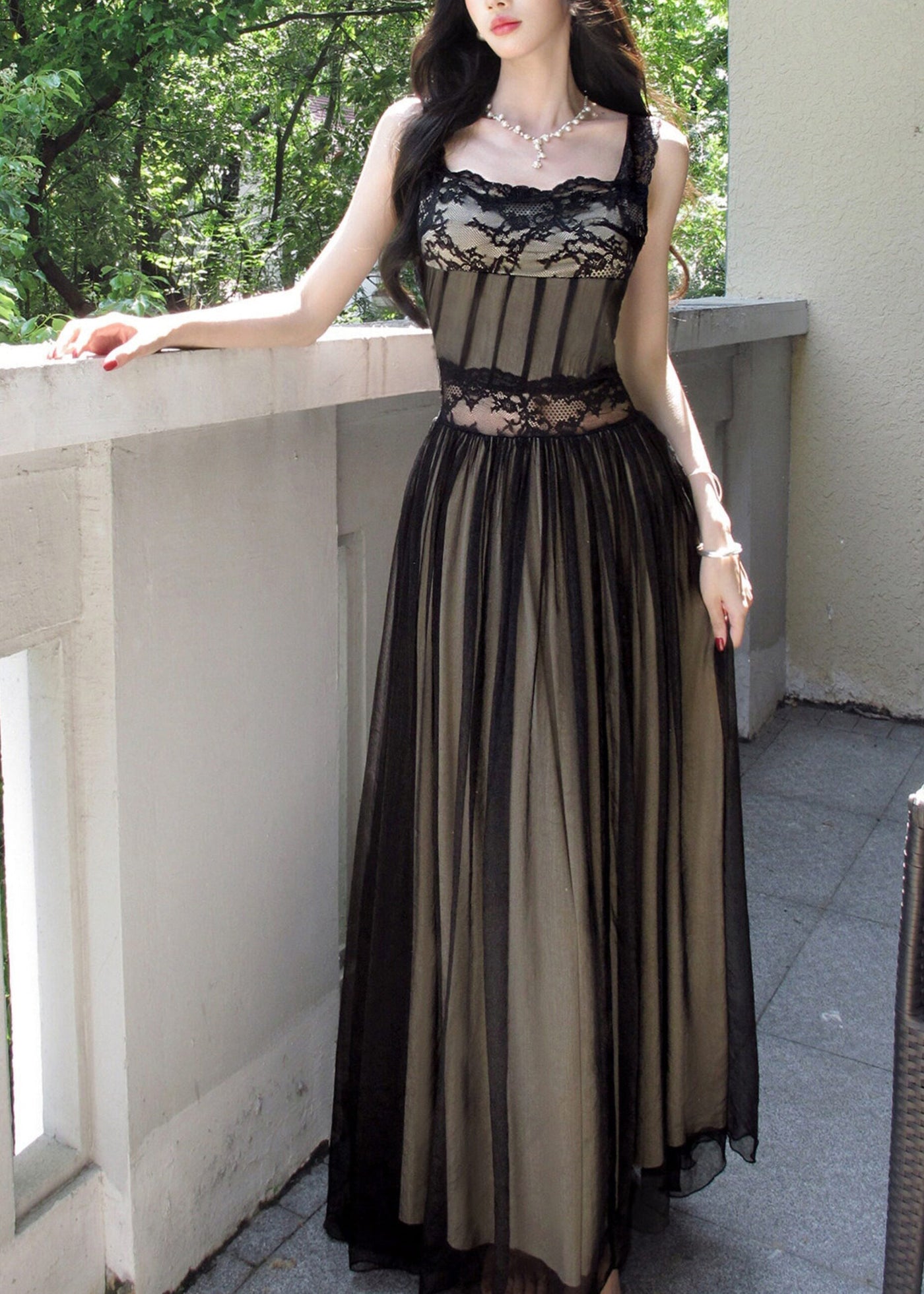 Italian Red Lace Patchwork Tie Waist Tulle Maxi Spaghetti Strap Dress Summer 2