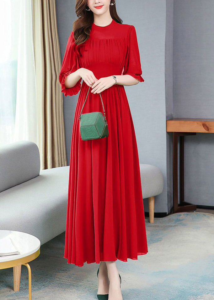 Italian Red Ruffled Patchwork Party Chiffon Long Dress Half Sleeve - View 2