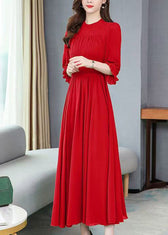 Italian Red Ruffled Patchwork Party Chiffon Long Dress Half Sleeve - View 3