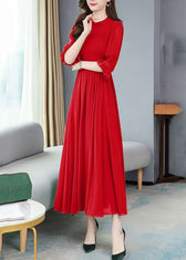 Italian Red Ruffled Patchwork Party Chiffon Long Dress Half Sleeve - View 4
