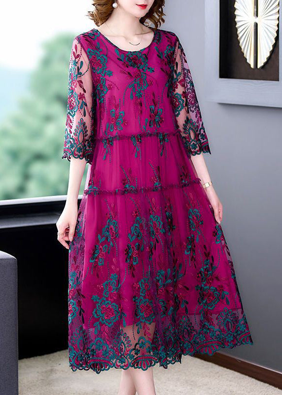 Floral Embroidered Mesh Half Sleeve Tiered Ruffle Trim Midi Dress