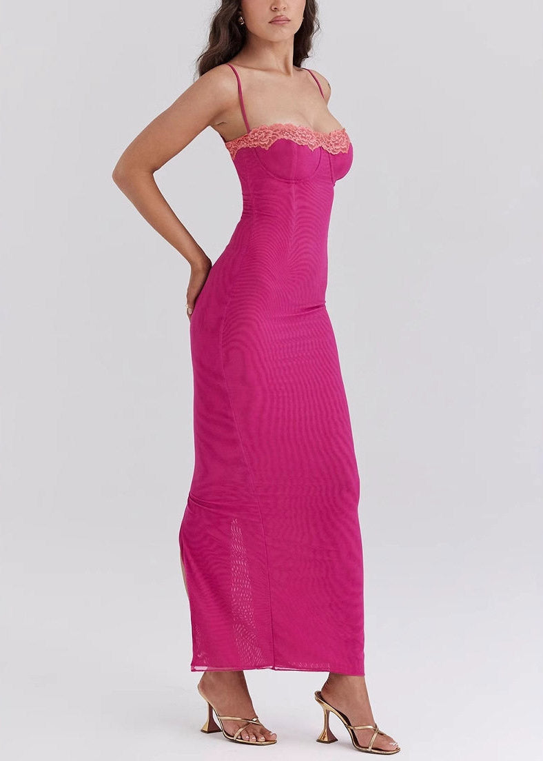 Mesh Spaghetti Strap Lace Trim Bustier Side Split Bodycon Maxi Dress