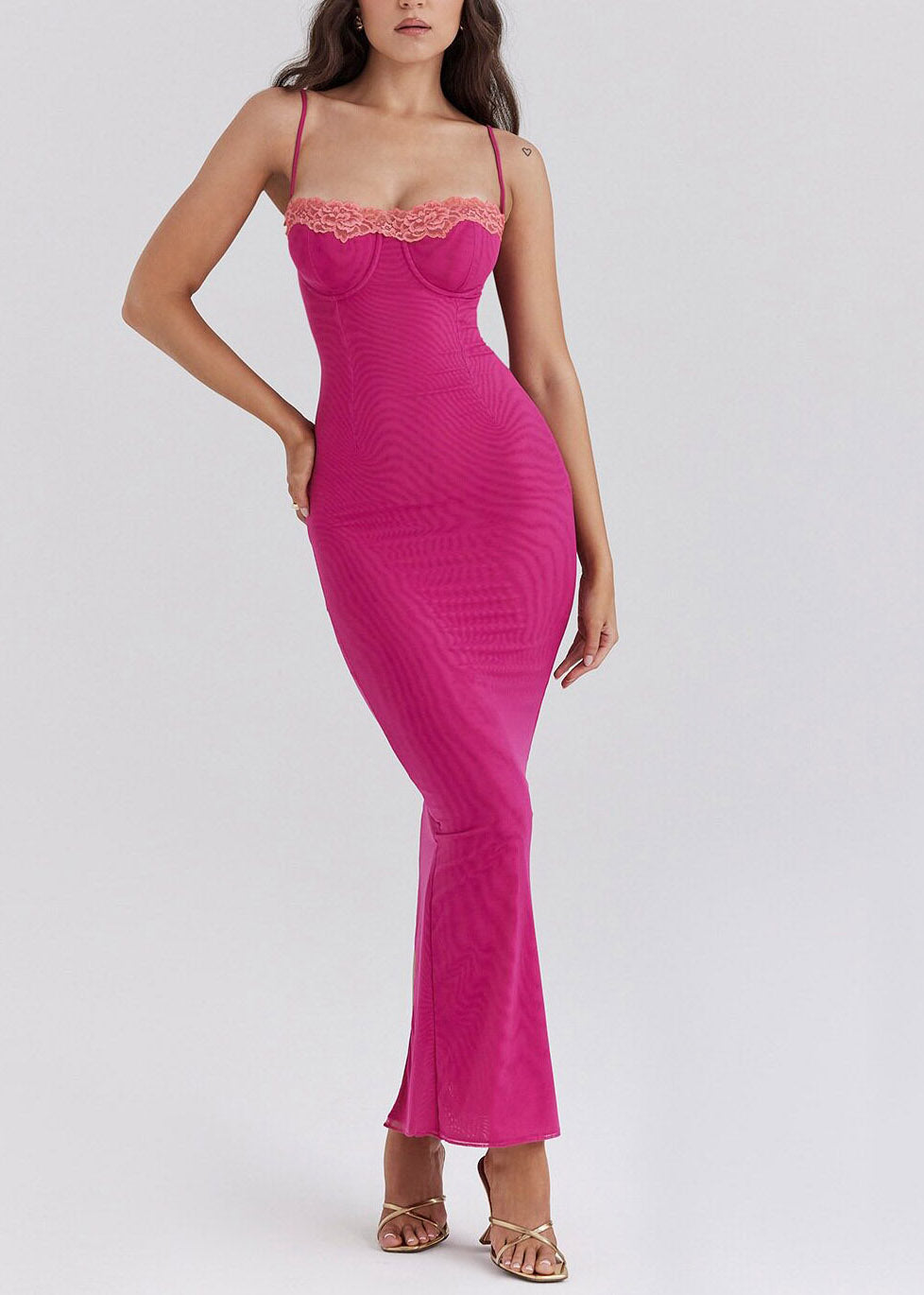 Italian Rose Side Open Solid Tulle Maxi Spaghetti Strap Dresses Sleeveless - View 2