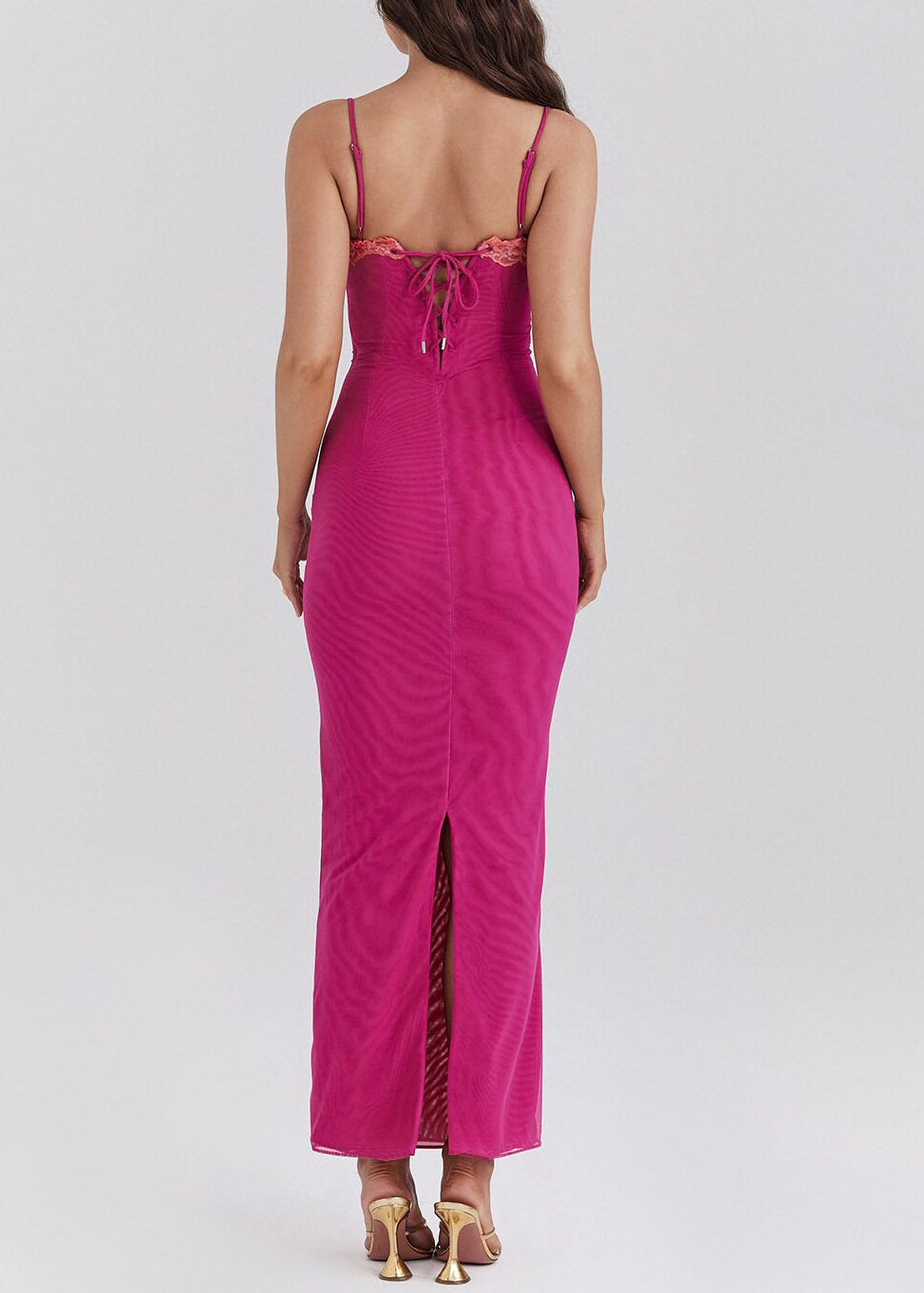 Italian Rose Side Open Solid Tulle Maxi Spaghetti Strap Dresses Sleeveless - View 4