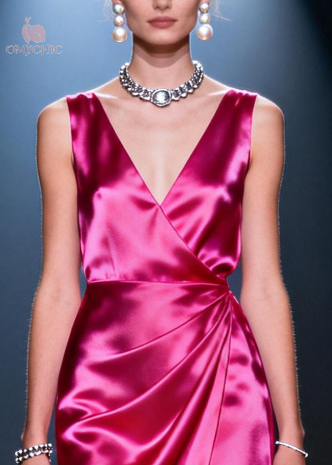 Satin Deep V-Neck Wrap Bodice Tulle Tiered High Low Gown