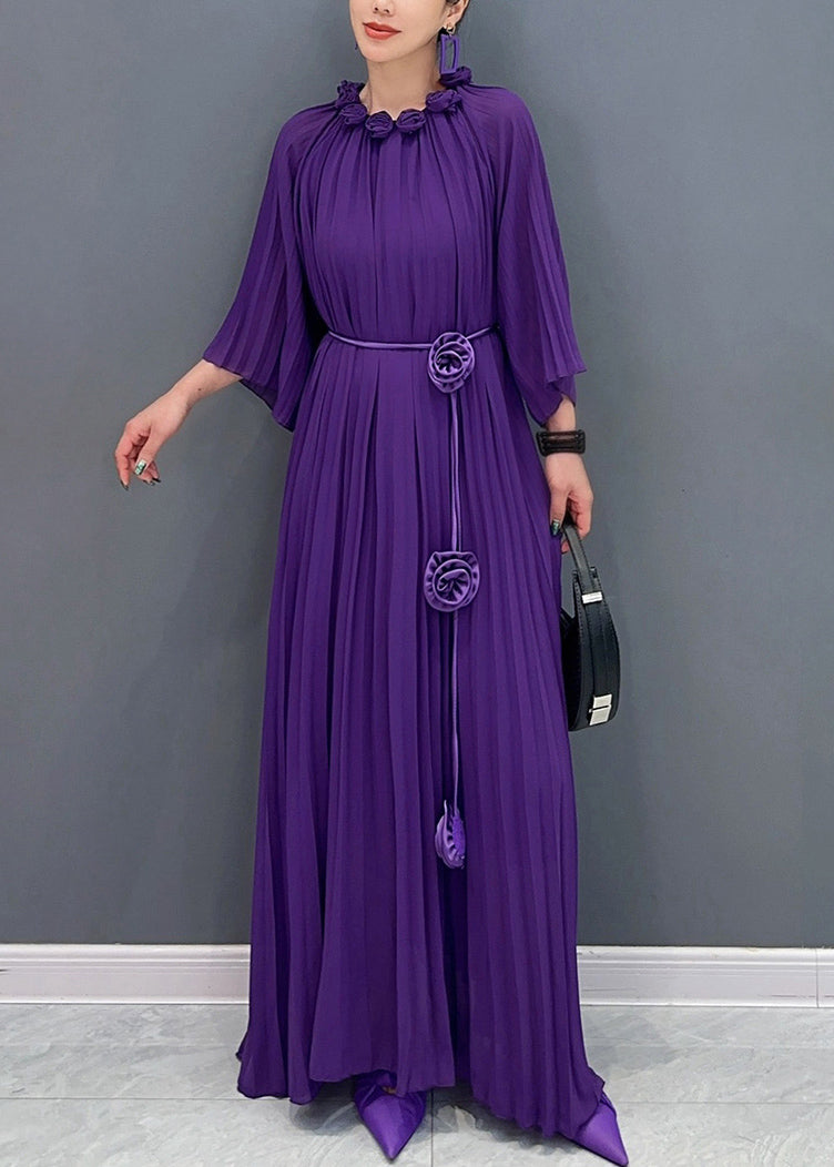 Accordion Pleat Round Neck Rosette Appliqué Wide Flare Sleeve Oversized Maxi Gown