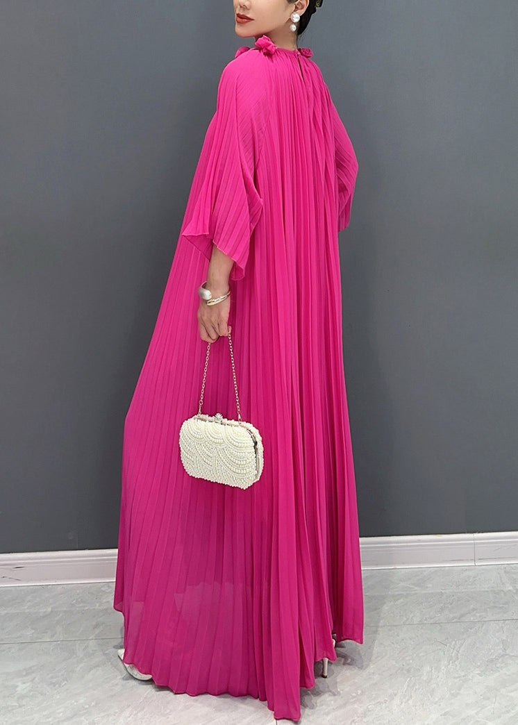 Accordion Pleat Round Neck Rosette Appliqué Wide Flare Sleeve Oversized Maxi Gown
