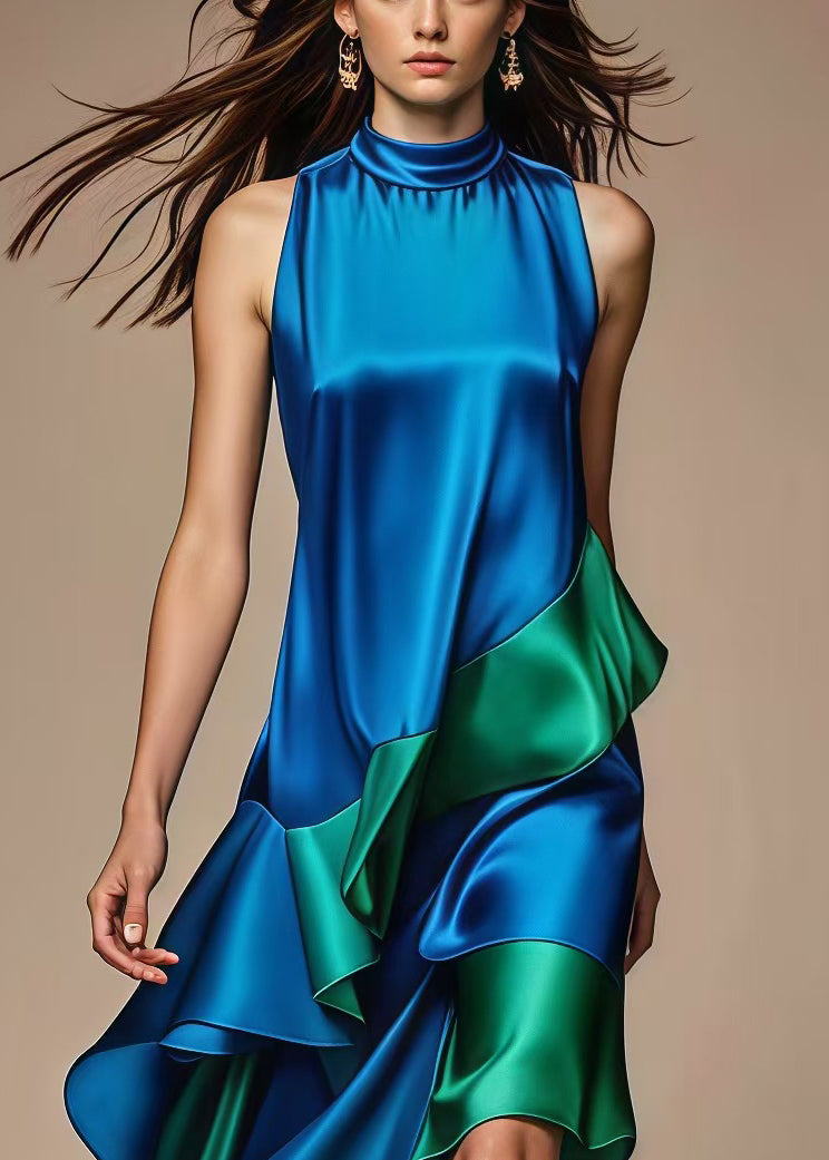 Italian Royal Blue Asymmetrical Patchwork Silk Dress