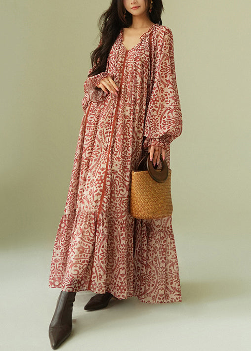 Paisley Print V-Neck Lantern Sleeve Tiered Ruffle Hem Loose Maxi Dress