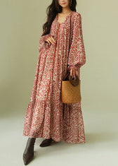 Italian Ruffled Print Lace Up Cotton Long Dress Fall