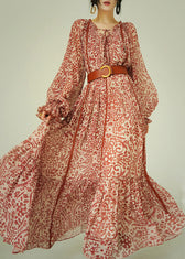 Italian Ruffled Print Lace Up Cotton Long Dress Fall 2
