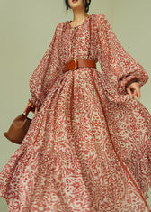 Italian Ruffled Print Lace Up Cotton Long Dress Fall 3