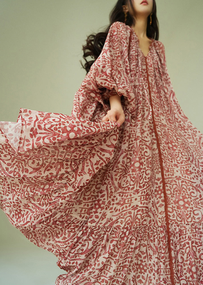 Italian Ruffled Print Lace Up Cotton Long Dress Fall 4