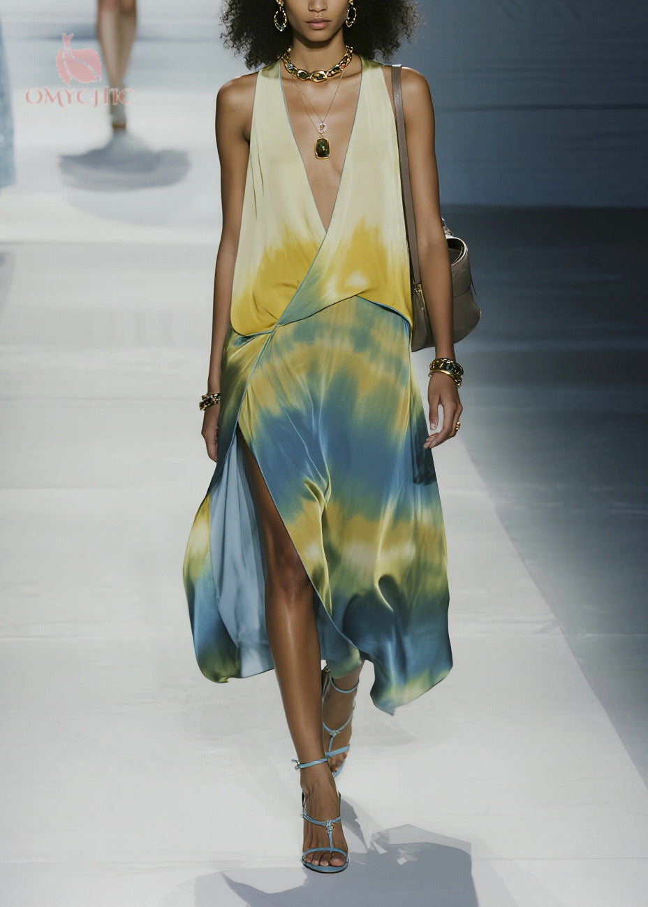 Italian Tie Dye Side Open Chiffon Maxi Dresses Sleeveless - View 3