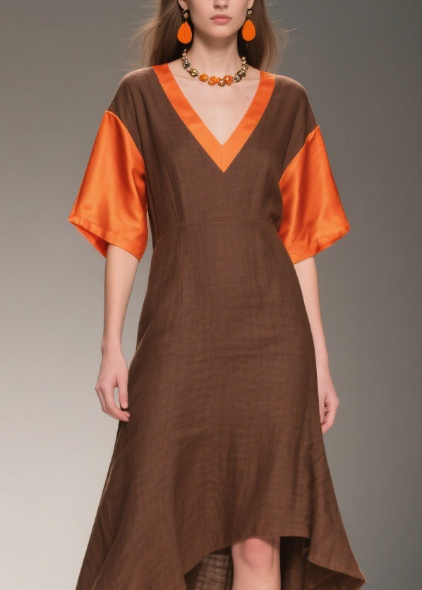 Deep V-Neck Bell Sleeve Satin Trim Woven A-Line Handkerchief Hem Midi Dress
