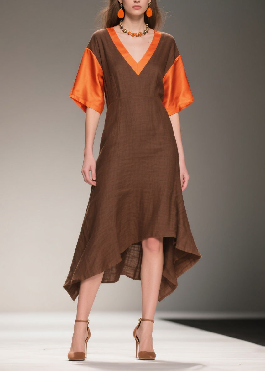 Deep V-Neck Bell Sleeve Satin Trim Woven A-Line Handkerchief Hem Midi Dress