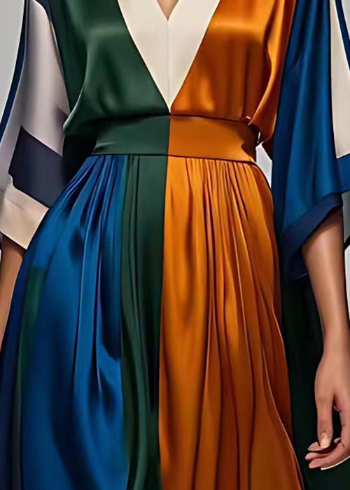 Satin Deep V-Neck Kimono Sleeve Colorblock Pleated Waistband Maxi Dress