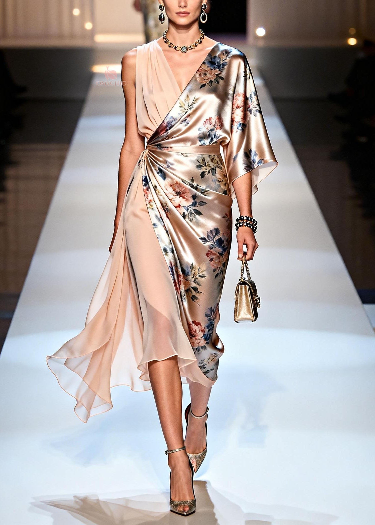 Satin Floral Print One Shoulder Asymmetric Wrap Chiffon Panel Midi Dress