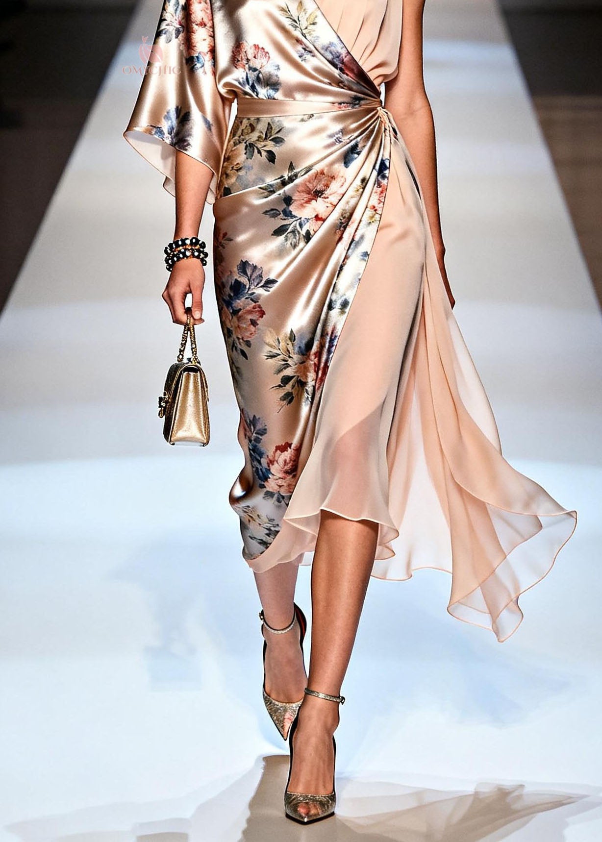 Satin Floral Print One Shoulder Asymmetric Wrap Chiffon Panel Midi Dress