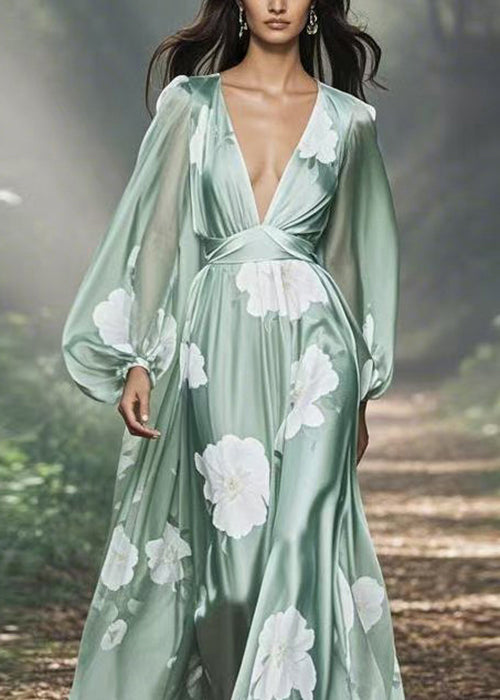 Floral Print Deep V-Neck Lantern Sleeve Cinched Waist Satin Maxi Gown