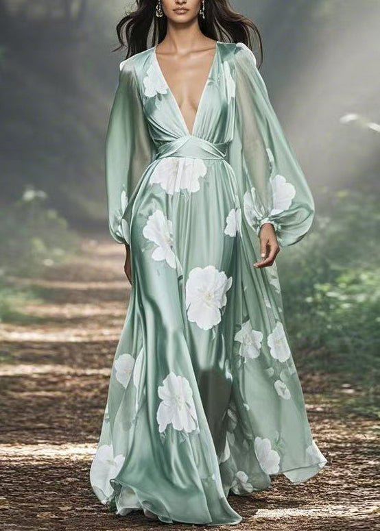 Floral Print Deep V-Neck Lantern Sleeve Cinched Waist Satin Maxi Gown