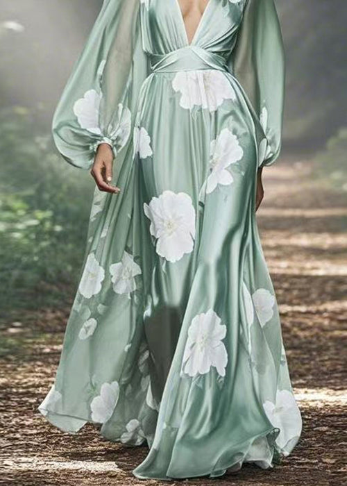 Floral Print Deep V-Neck Lantern Sleeve Cinched Waist Satin Maxi Gown