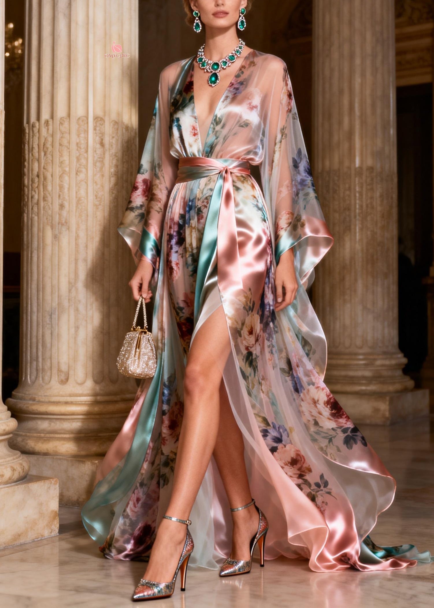 Floral Print Chiffon Deep V-Neck Wrap Tie Waist Kimono Sleeve High Split Maxi Gown