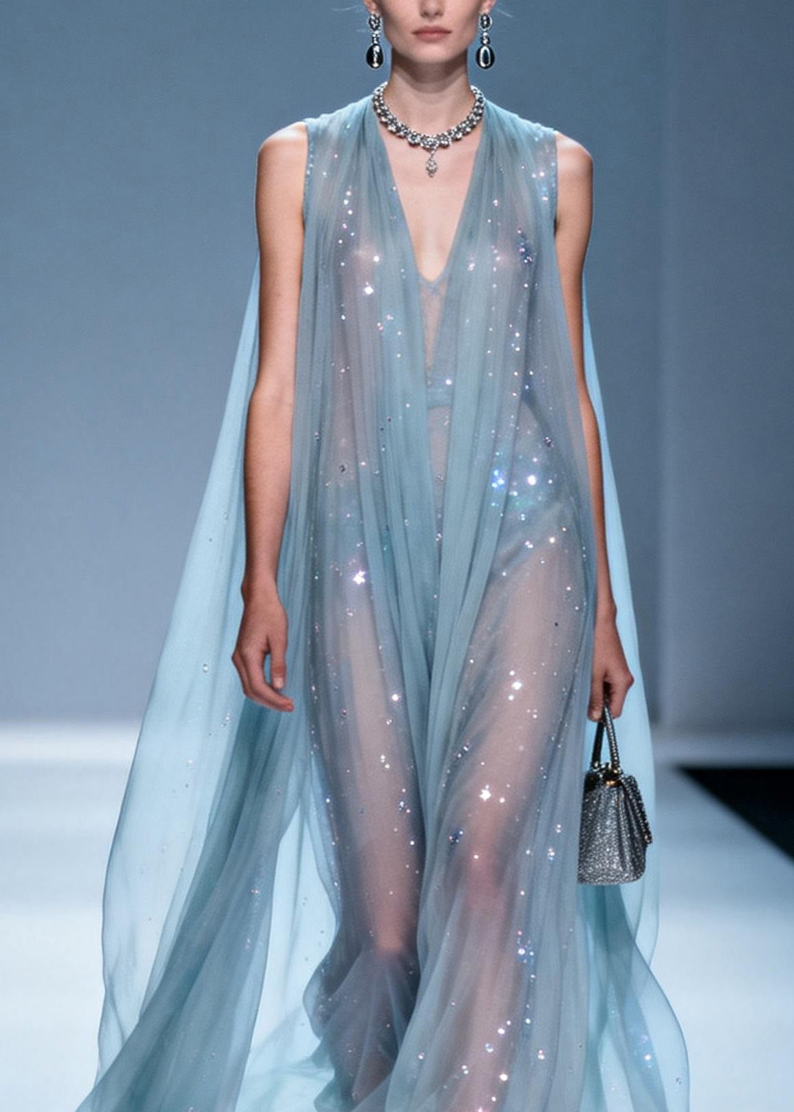 Rhinestone Scatter Deep V-Neck Sleeveless Sheer A-Line Maxi Gown
