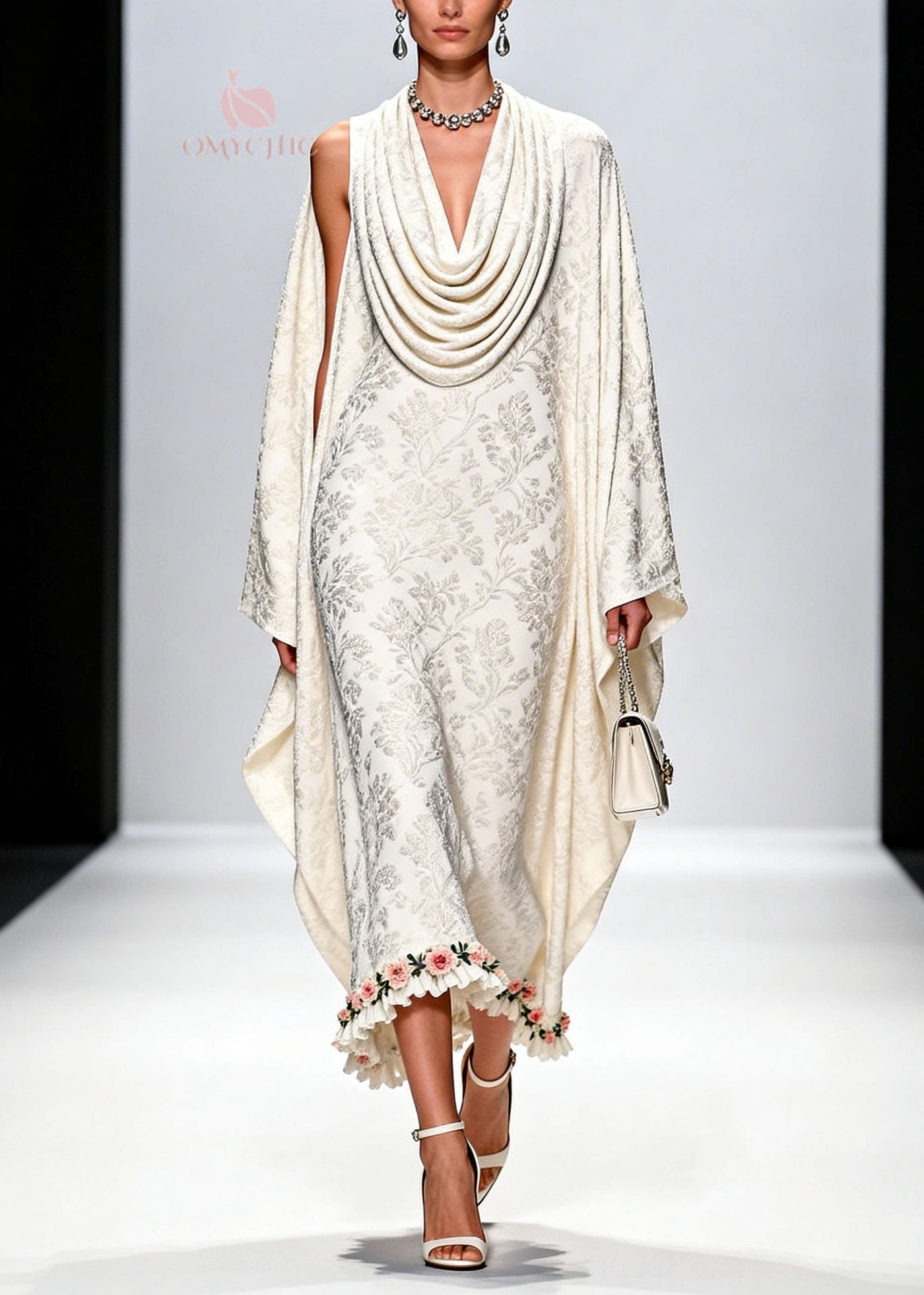 Italian White Draped Neckline Print Ruffled Floral Silk Dress Fall 3