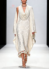 Italian White Draped Neckline Print Ruffled Floral Silk Dress Fall 3