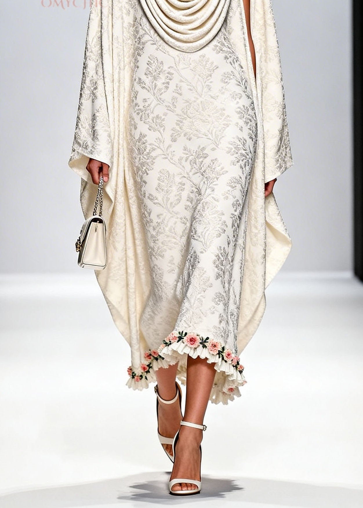 Italian White Draped Neckline Print Ruffled Floral Silk Dress Fall 4