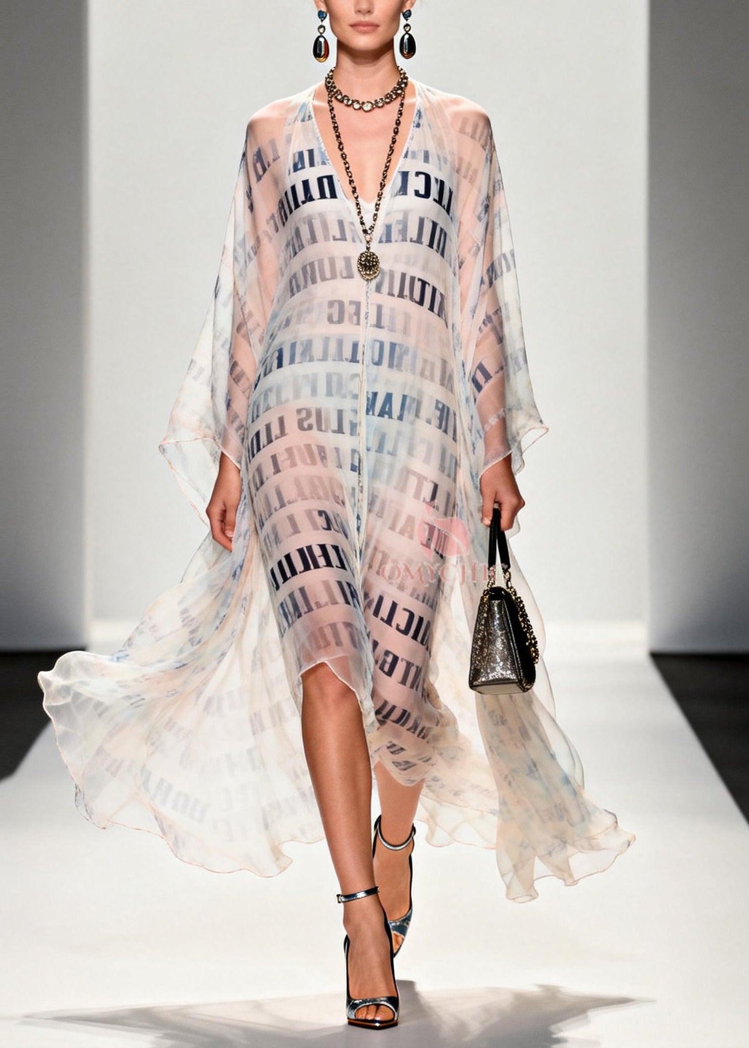 Chiffon Deep V-Neck Letter Print Sheer Kaftan Maxi Gown