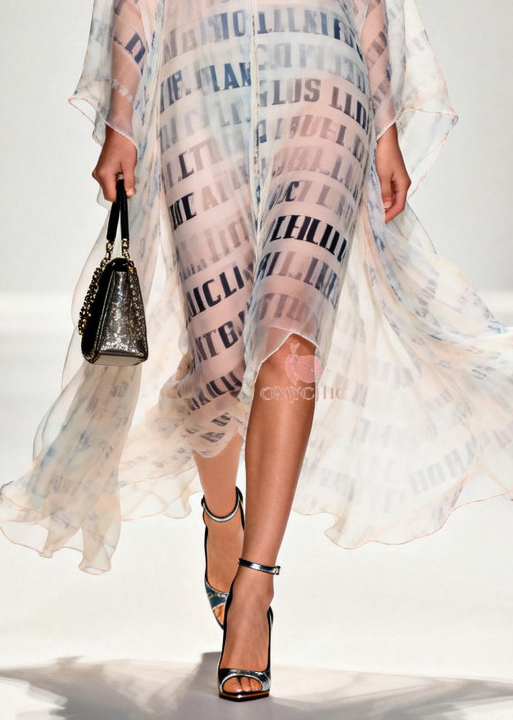 Chiffon Deep V-Neck Letter Print Sheer Kaftan Maxi Gown