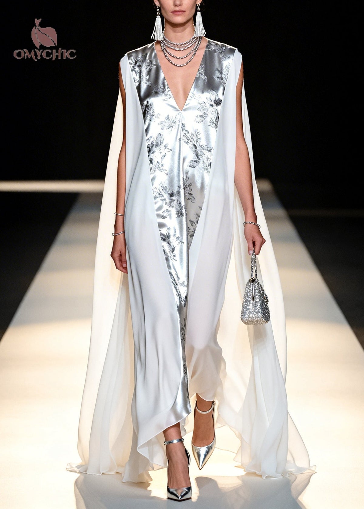 Metallic Floral Satin Deep V-Neck Sleeveless Chiffon Cape Maxi Dress