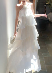 Italian White Ruffled Cold Shoulder Chiffon Halter Dress Summer