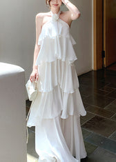 Italian White Ruffled Cold Shoulder Chiffon Halter Dress Summer 2